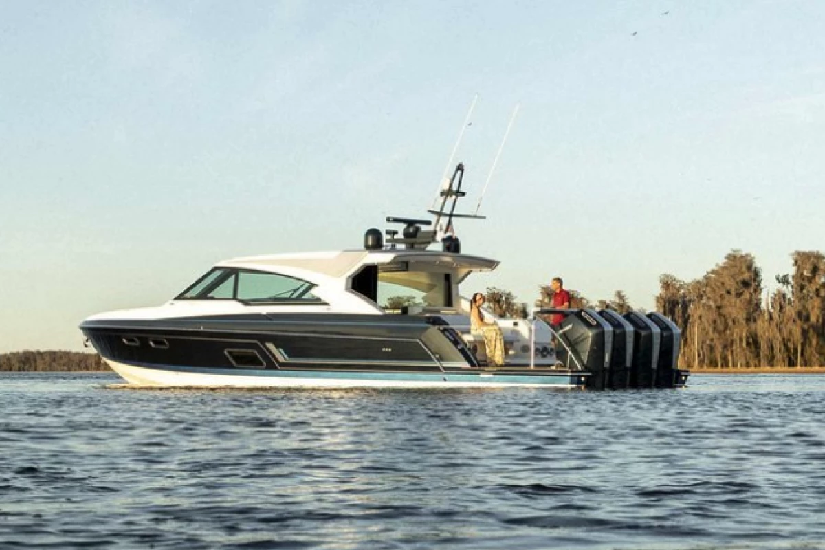 The V12 Verado's steerable gear case and stationary engine body allows for more compact mounting than would otherwise be possible