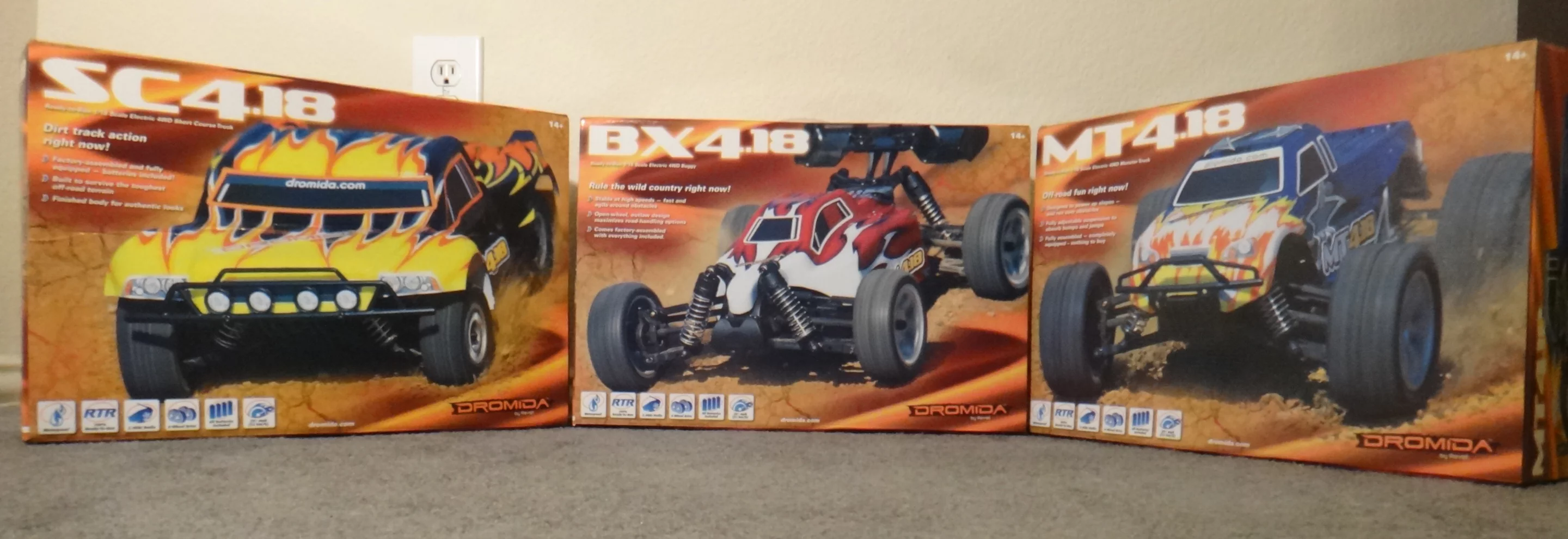 The current Dromida lineup is comprised of three distinct vehicle models: a buggy (the BX4.18), a monster truck (the MT4.18), and a short course truck (the SC4.18)