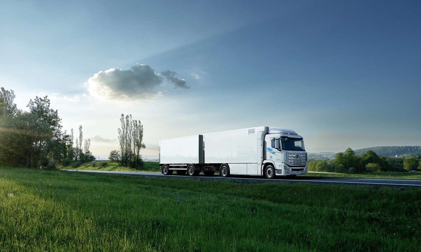The Xcient can travel around 400 km on a tank of hydrogen