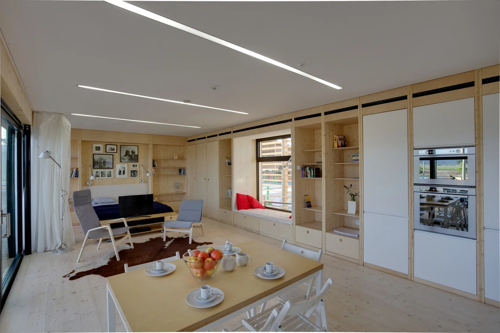 Interior of AIR House by the Czech Technical University. The house was constructed using cross laminate timber (Photo: Jason Flakes (Nomoi)/U.S. Department of Energy)