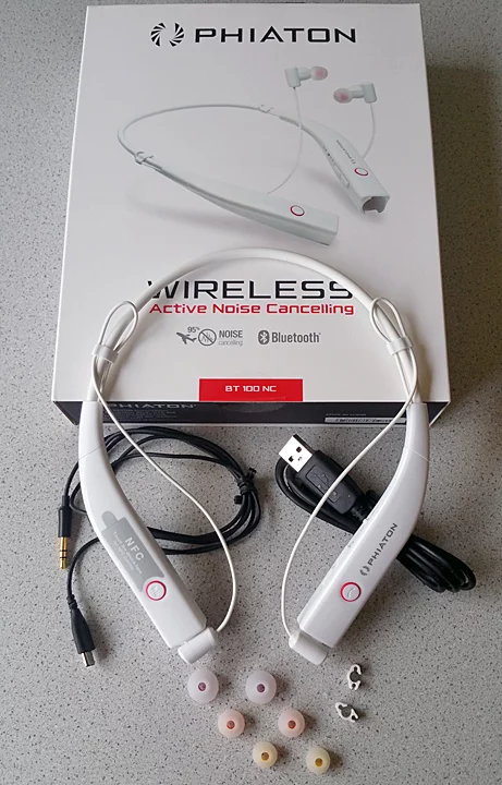 The Phiaton BT 100 NC earphones comes with charge cable, audio cable, and extra ear tips