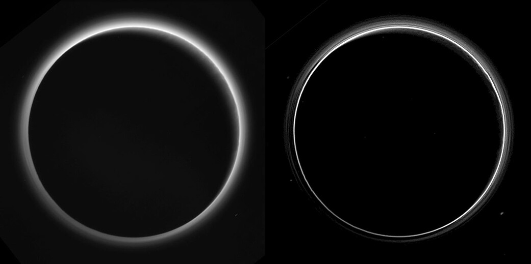 Two images of Pluto's haze layers taken looking back at the dwarf planet – the left image has only undergone minor processing while the right has been specially processed to show a number of discrete haze layers
