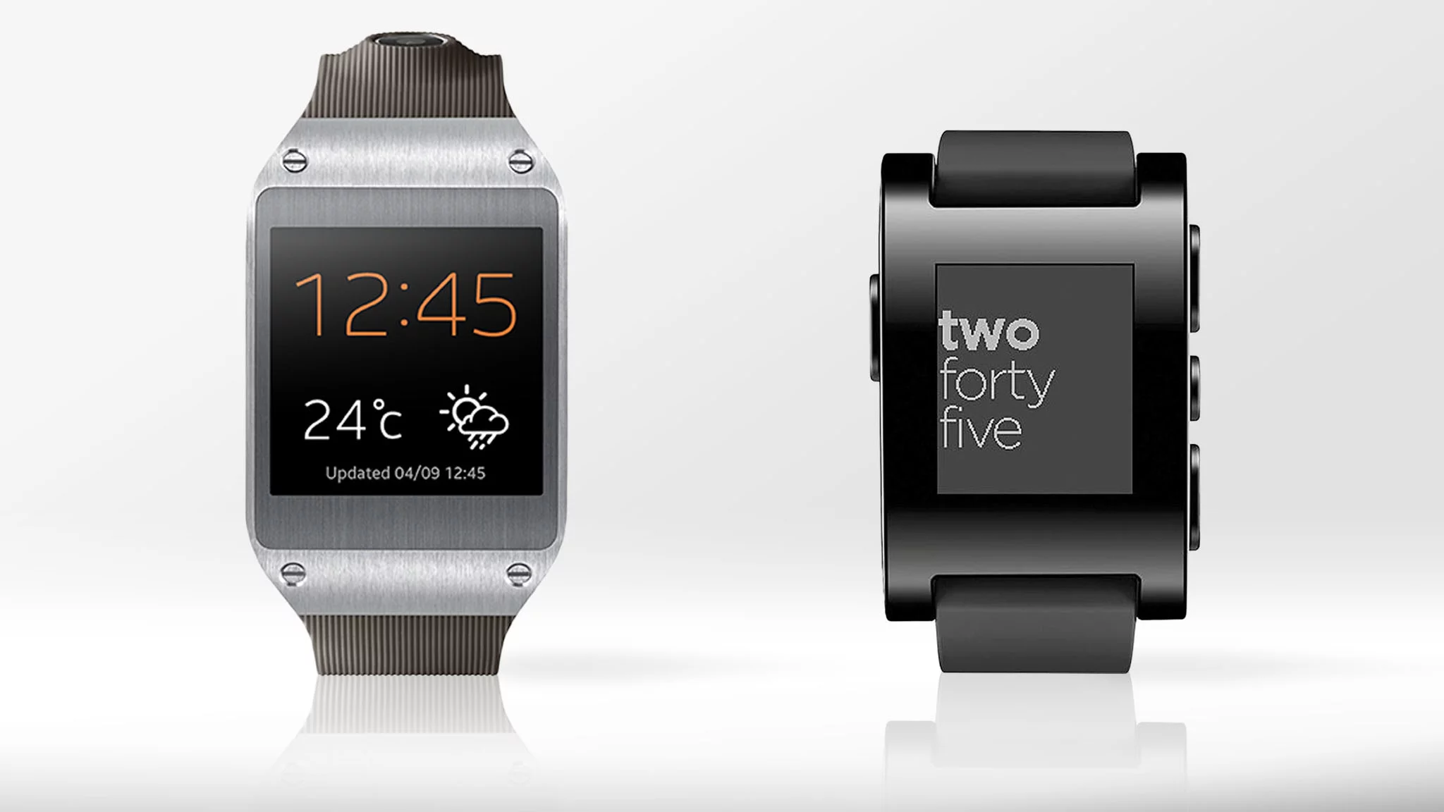 Gizmag compares the features and specs of the Samsung Galaxy Gear (left) and Pebble smartwatch