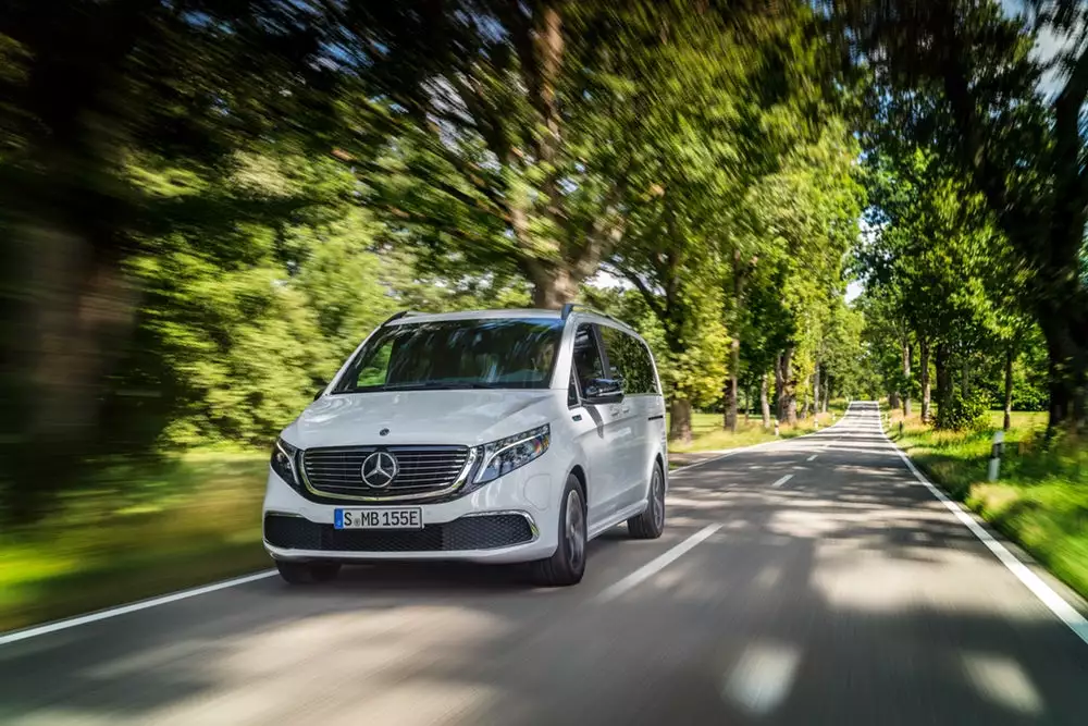 Mercedes gives its EQV a more singular front-end design than its ICE-powered V-Class vans, blending headlights and grille into one shape