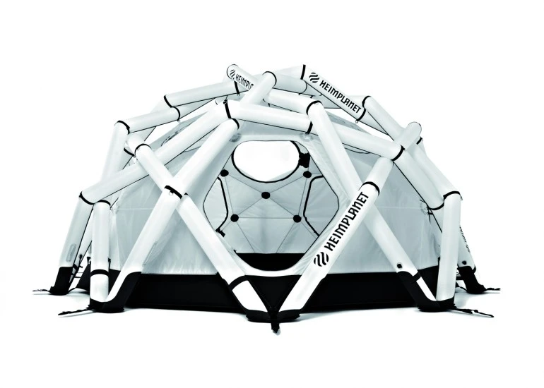 The Mavericks geodesic inflatable expedition tent can withstand winds of up to 112 mph (180 km/h)