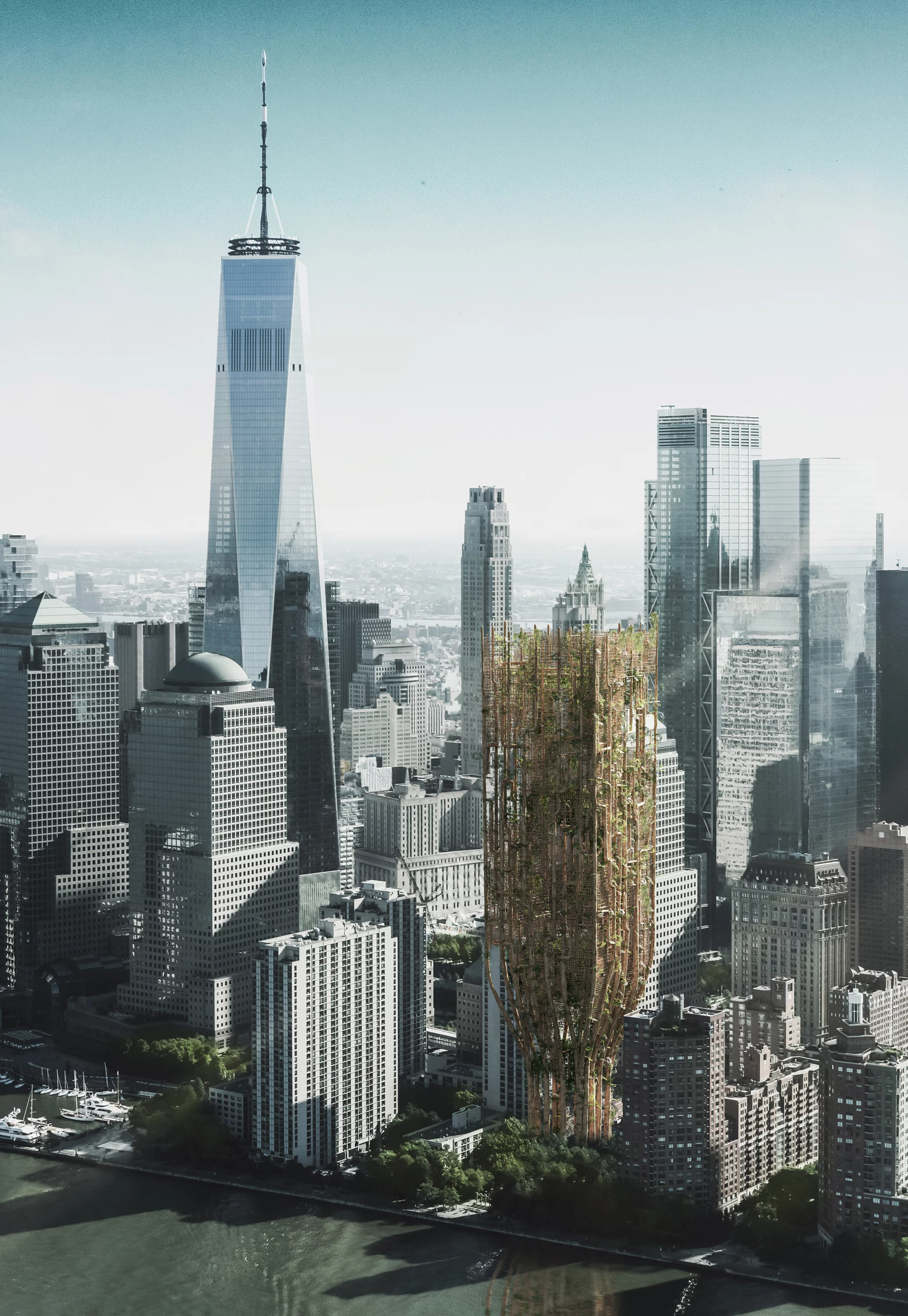 Living Skyscraper For New York City was designed by Andrii Lesiuk, Mykhaylo Kohut, Sofiia Shkoliar, Kateryna Ivashchuk, Nazarii Duda, Mariia Shkolnyk, Oksana-Daryna Kytsiuk, and Andrii Honcharenko. They won the 2021 eVolo Skyscraper Competition for their idea to use genetically modified trees to create a sustainable skyscraper