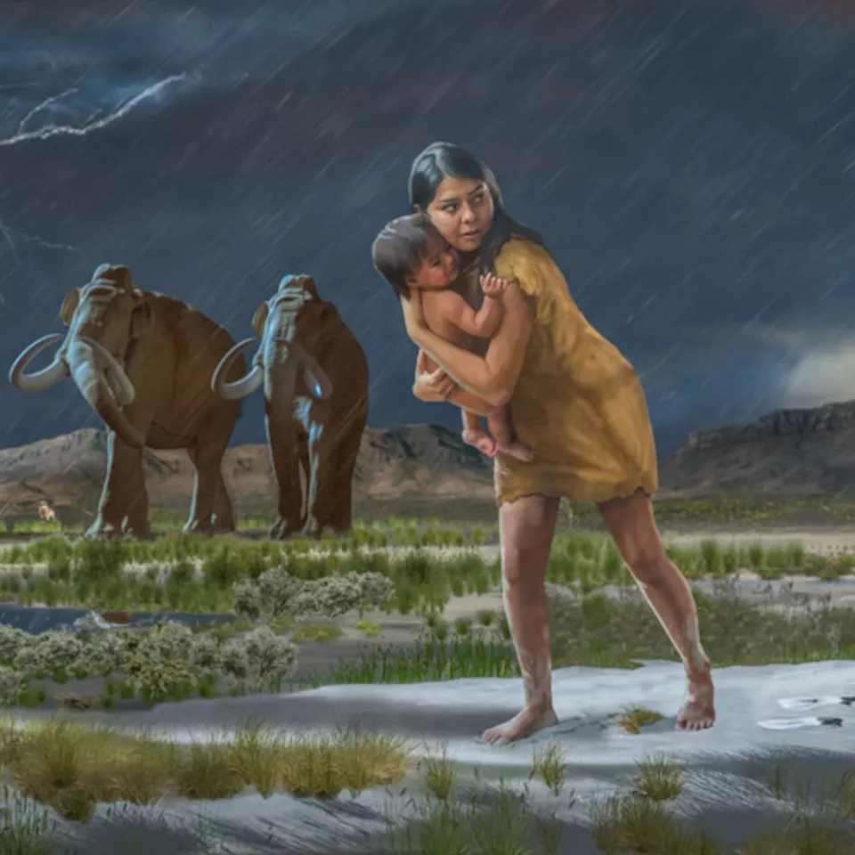 Illustration depicting an Ice Age woman carrying a child on the shores of the ancient Lake Otero