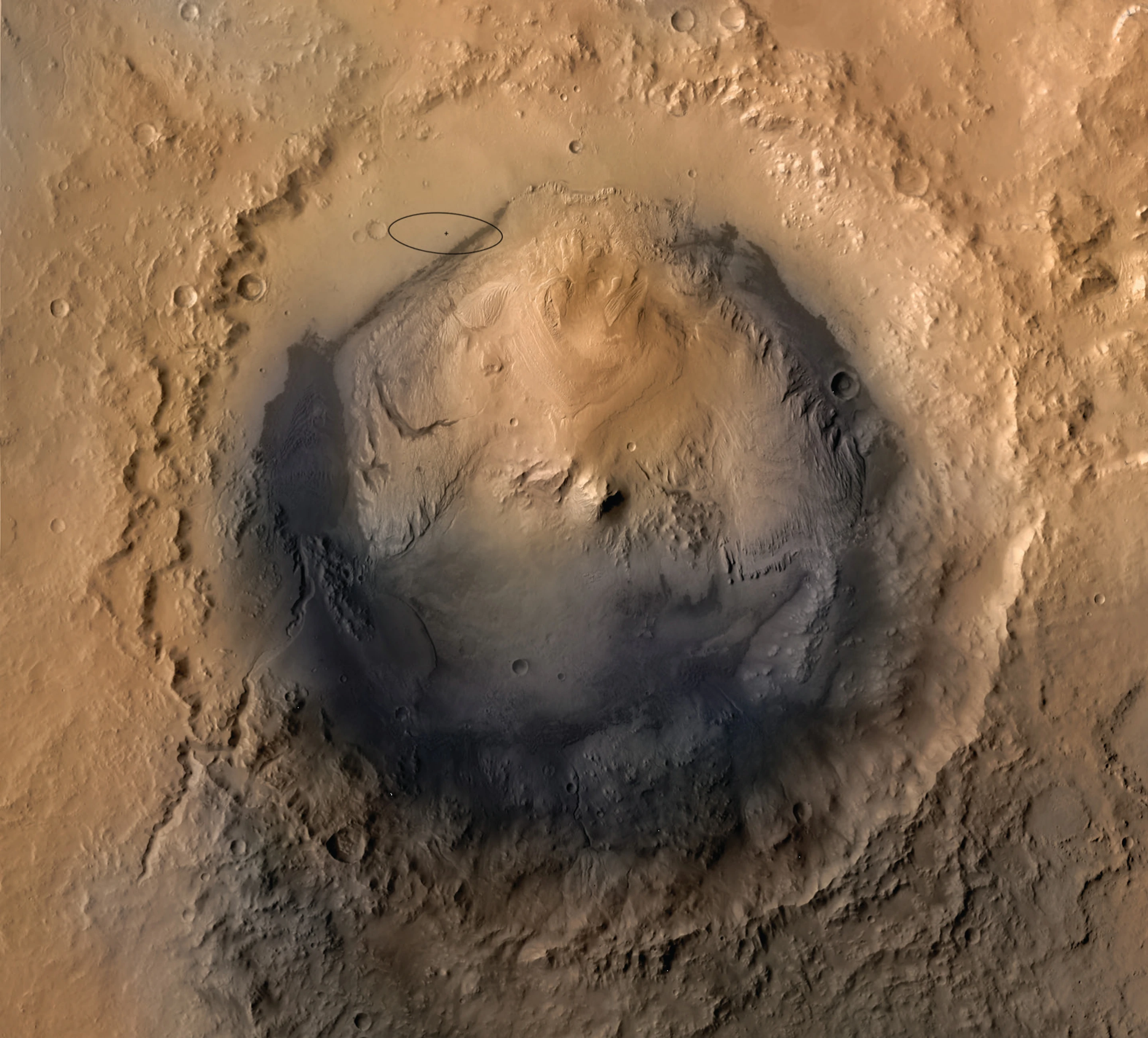 Gale Crater with Curiosity landing area marked (Image: NASA)