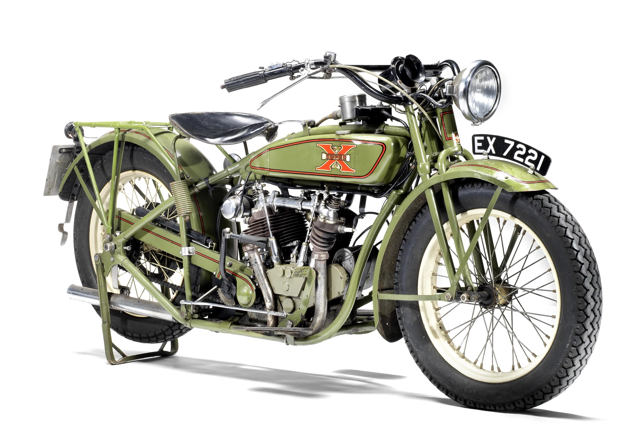 Introduced to the US market in 1925, the Super-X retained the Big Twin's F-head valve gear while reverting to the leading-link front fork used on its earliest ancestors. Elsewhere though, it was extensively redesigned, featuring unitary construction of the engine/gearbox and geared primary drive encased with an alloy casting. There was a higher-performance Super Sport model available and this pair of Super-Xs continued with few changes until motorcycle production ceased in 1931. First registered in the UK in 1951, this Excelsior Super-X was purchased by the current vendor in 1985. This 1927 Excelsior 750 Super-X is estimated to fetch £15,000 to 18,000 ($22,000 - 26,000)Auction Page