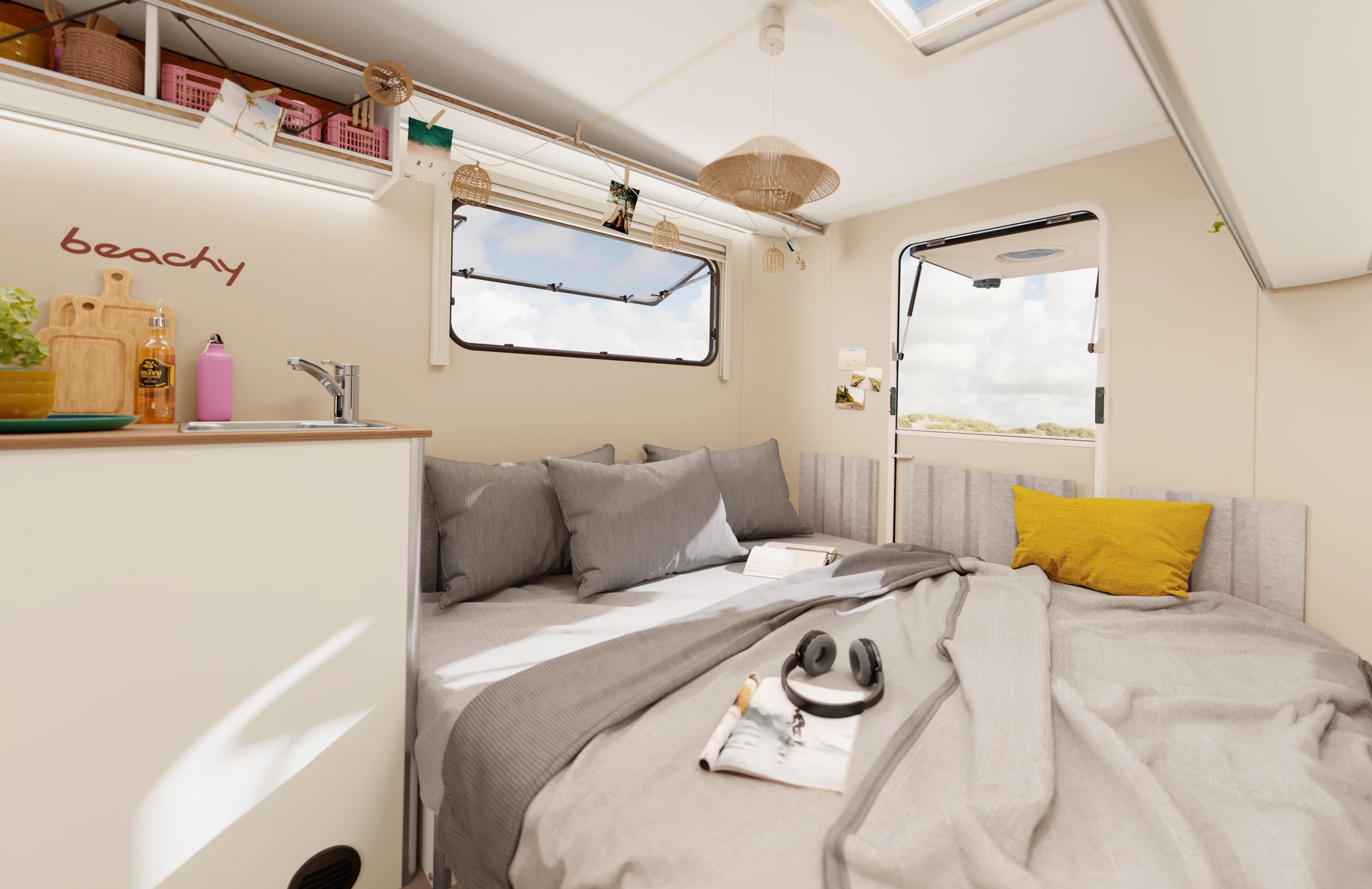 The Hobby Beachy 420+ two-part rear tailgate provides views and fresh air while also allowing for easier gear loading