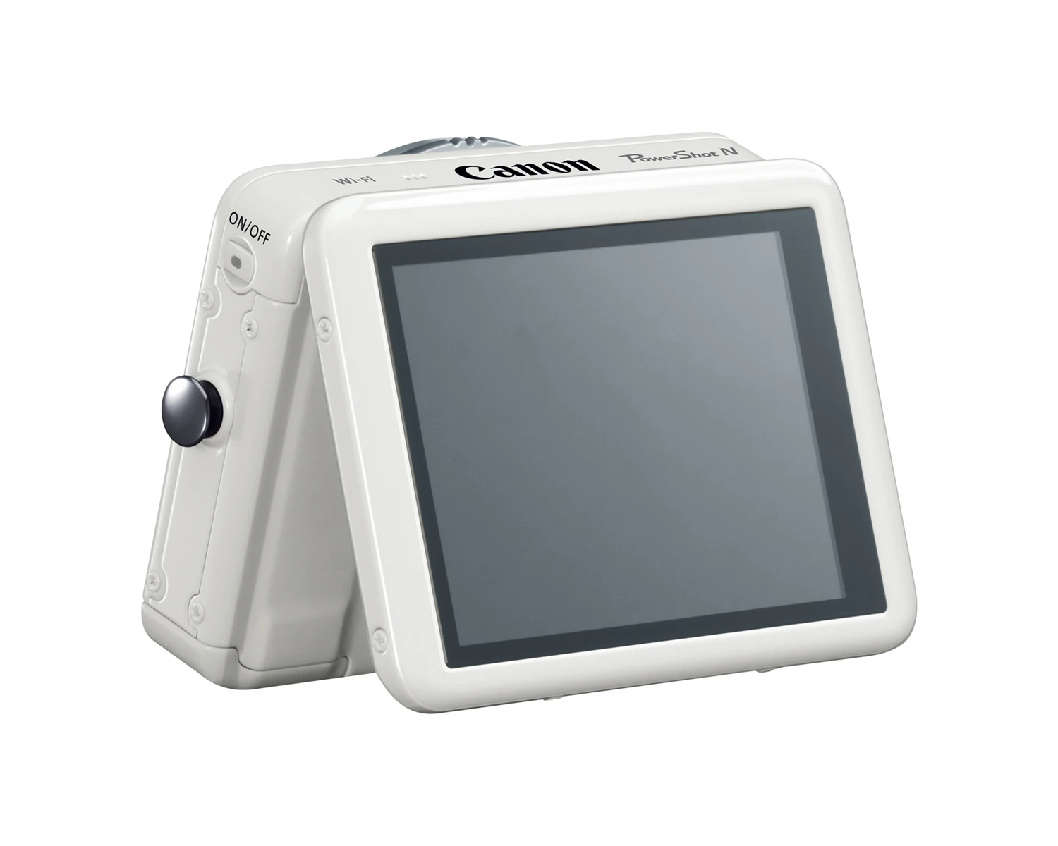 The 2.8 inch touch panel LCD on the Canon Powershot N tilts 90 degrees