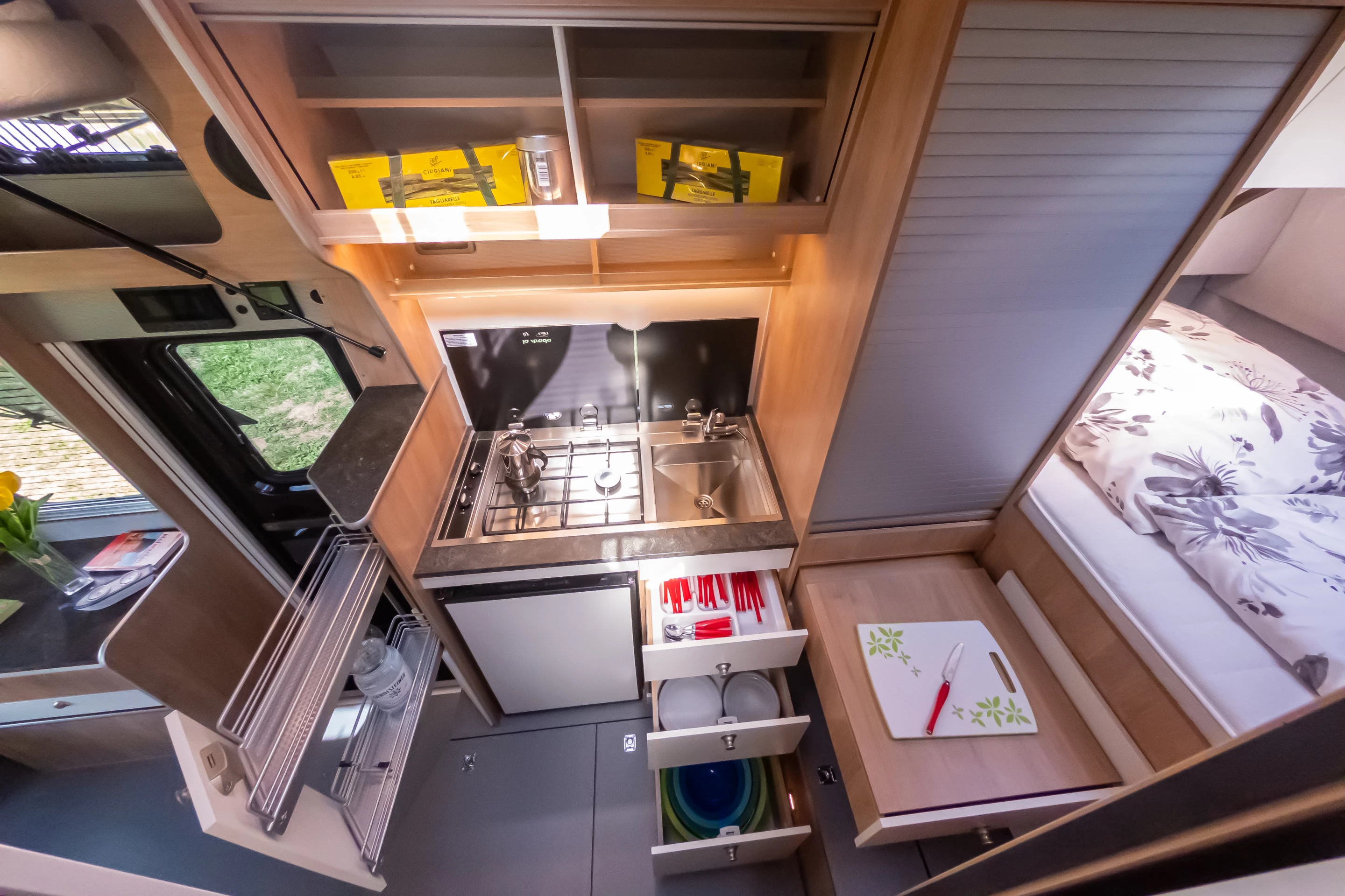 A look at the kitchen and its various drawers and slides