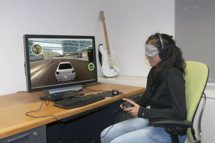 A blindfolded test subject tries out the RAD