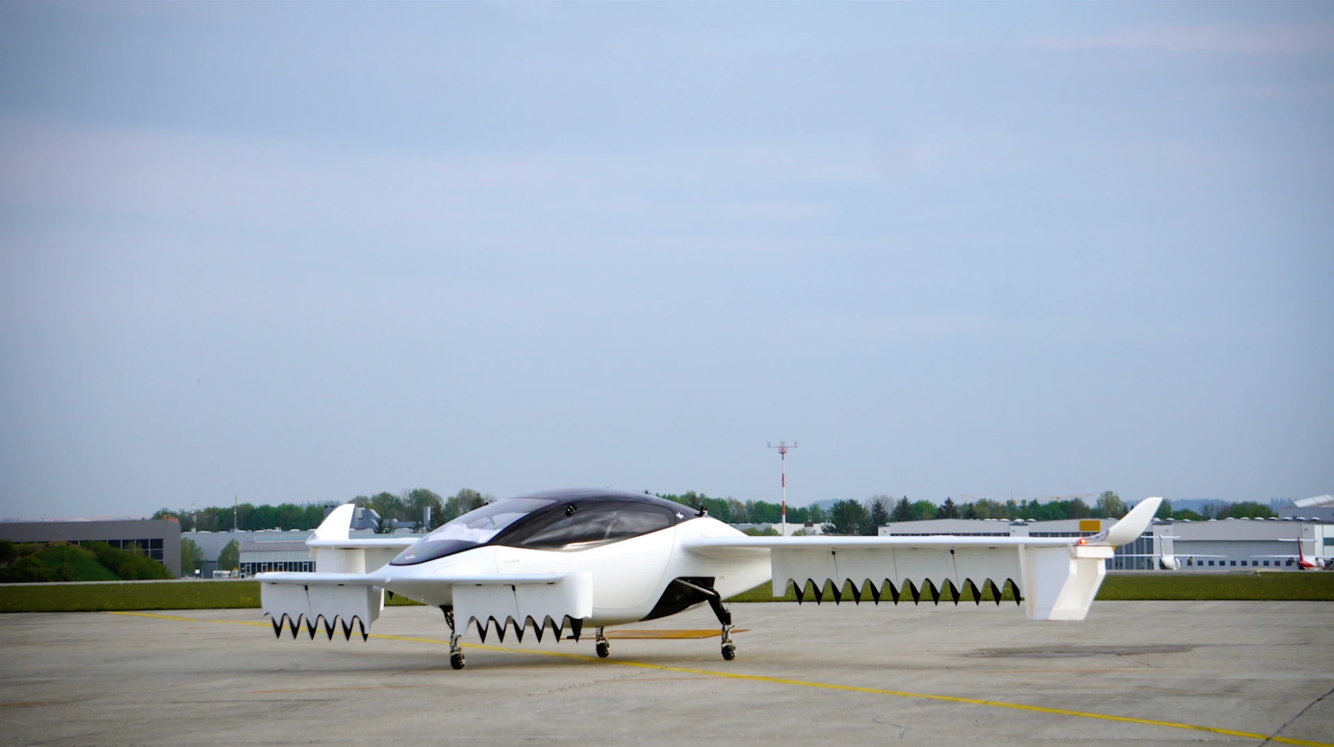 The Lilium Jet five-seat aircraft on the launchpad ahead of its maiden flight