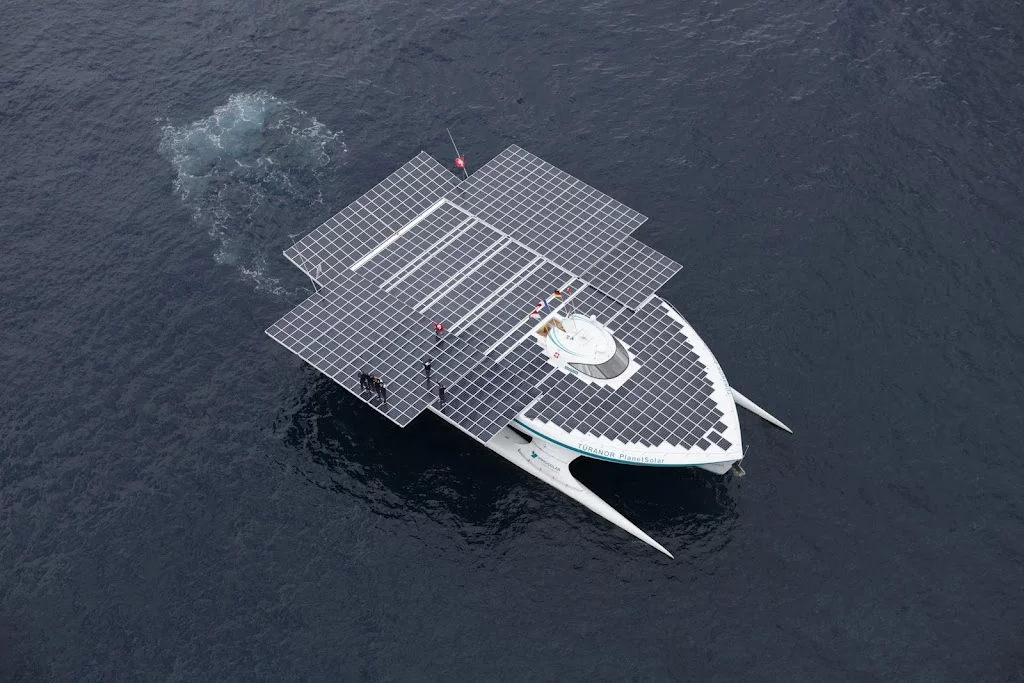 The TURANOR PlanetSolar, as it enters Monaco's Hercule Harbor