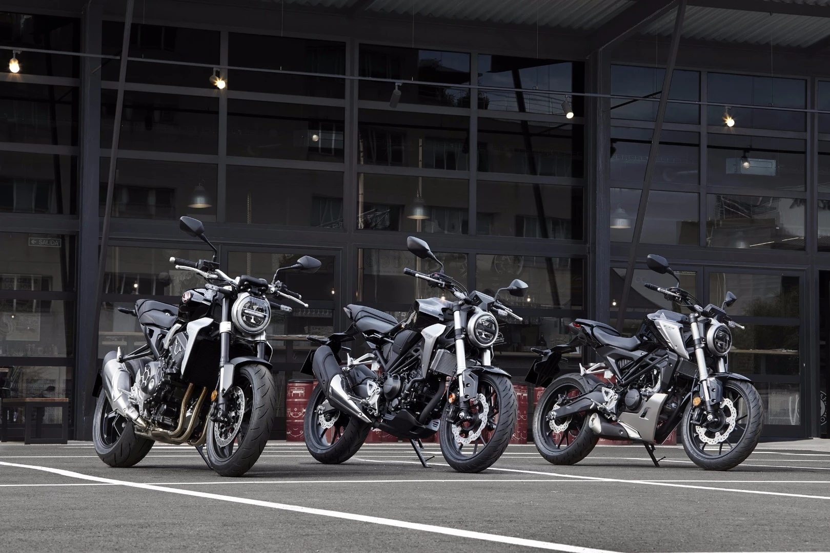 The 2018 Honda CB family includes the CB1000R, CB300R and CB125R (from left to right)