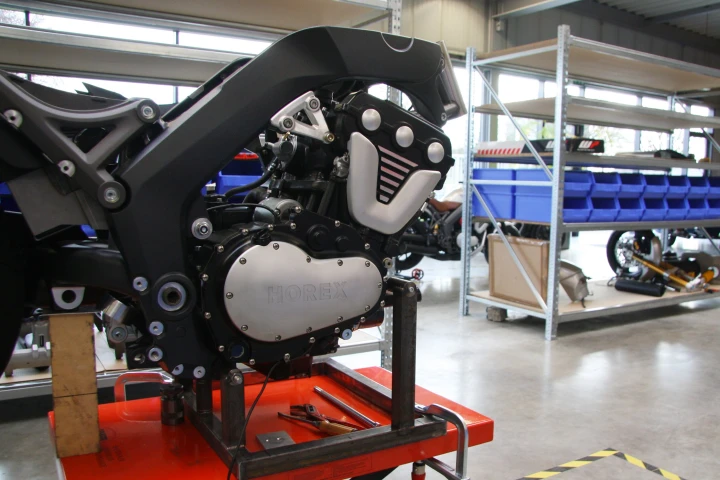 A V6 Horex engine sits in the frame, waiting for production to begin.