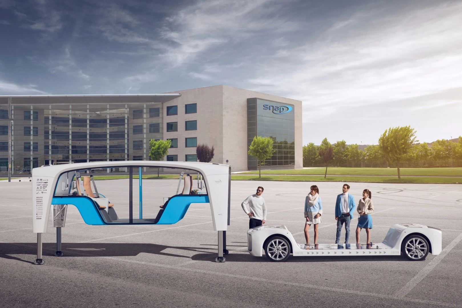 Inside Rinspeed's Snap pod are soft leather seating, storage space, wireless charging systems and a host of screens