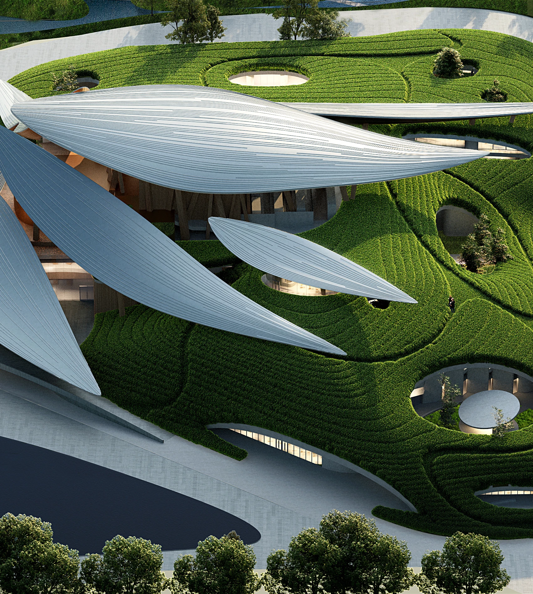 The Anji Culture and Art Center's eye-catching roof is likened to scattered bamboo leaves by MAD