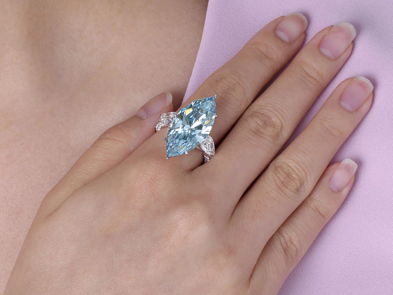 This 12.11 carat internally flawless, marquise-shaped and brilliant-cut fancy intense blue diamond sold for $15.9 million (HK$122 million) at Christie’s Hong Kong Magnificent Jewels auction on 9 July, 2020