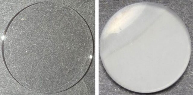 Aerosols formed in the atmospherical experiments (right) turn opaque, as compared to a clean dish