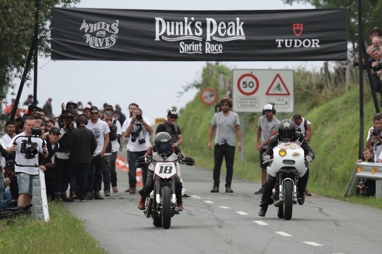 Katja Poensgen at left in one of the runs up "Punk's Peak" at Wheels & Waves, a closed-road course across the top of Mount Jaizbikel near San Sebastian