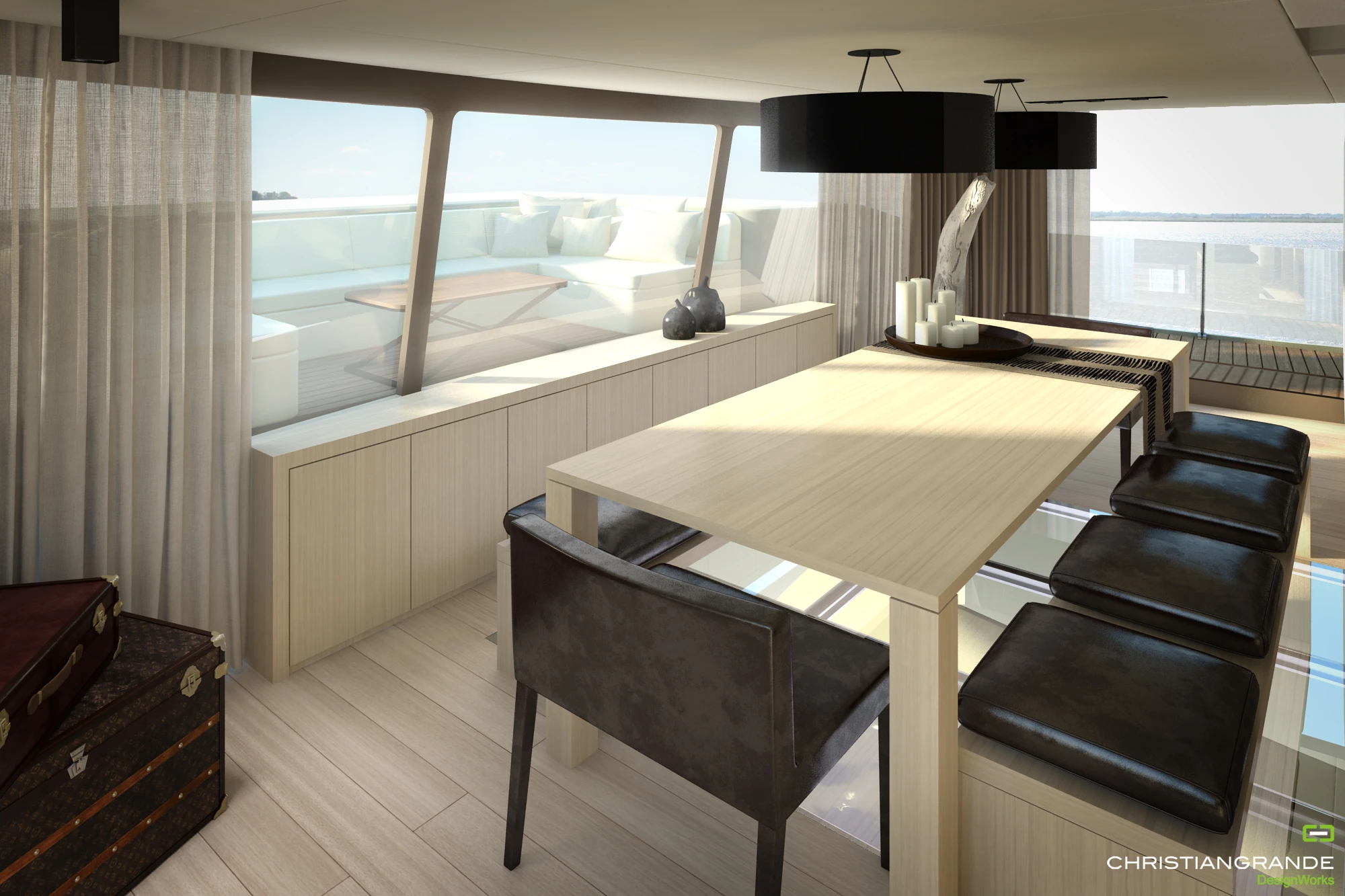 The Picchio Boat features an indoor dining room