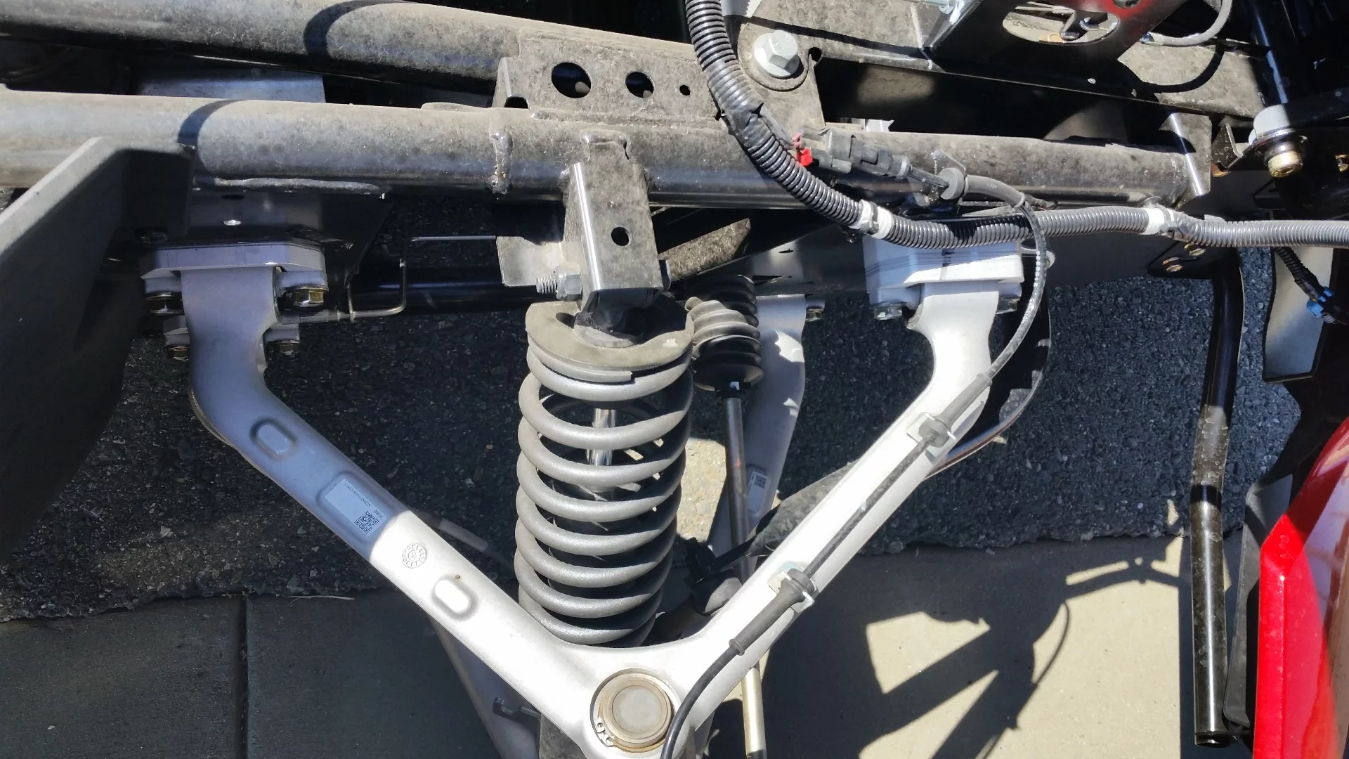 A top-down look at the suspension system at the front of the Slingshot