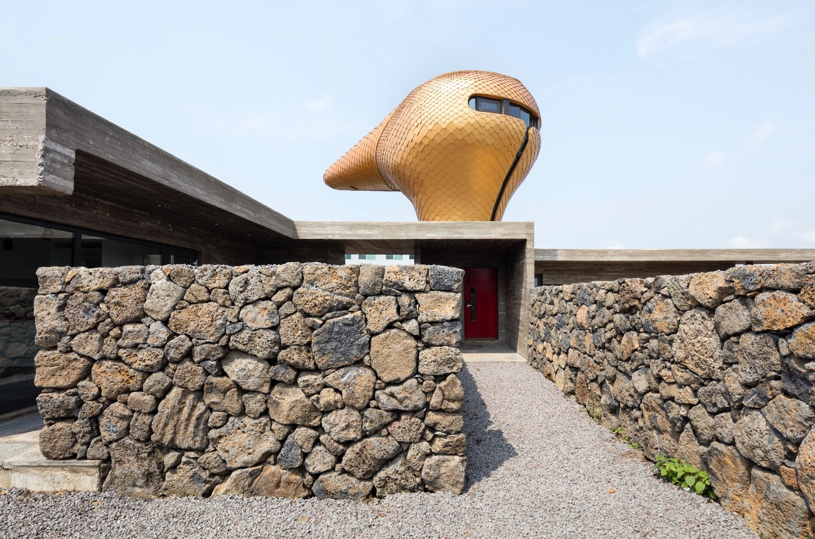 Exterior shot of the golden structure