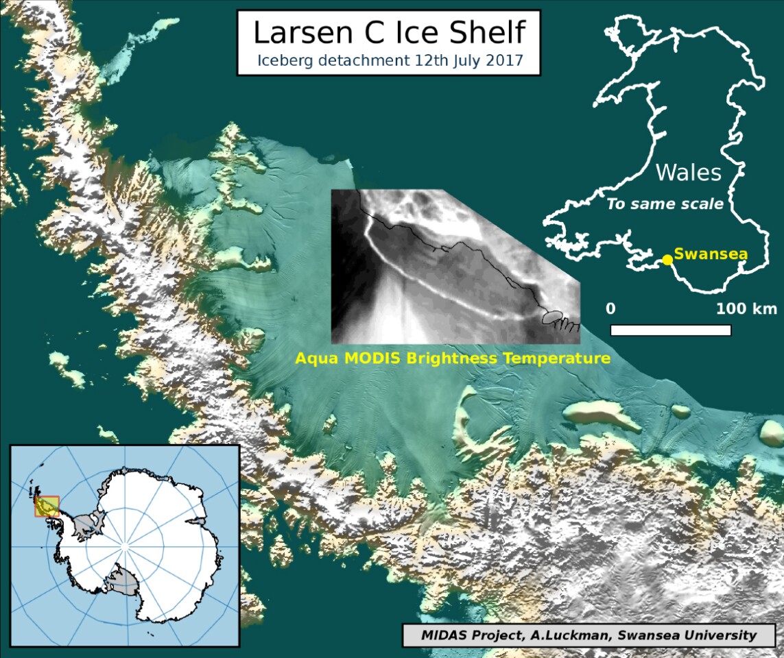 Map showing the detachment of the iceberg, based on data from NASA’s Aqua Modis satellite