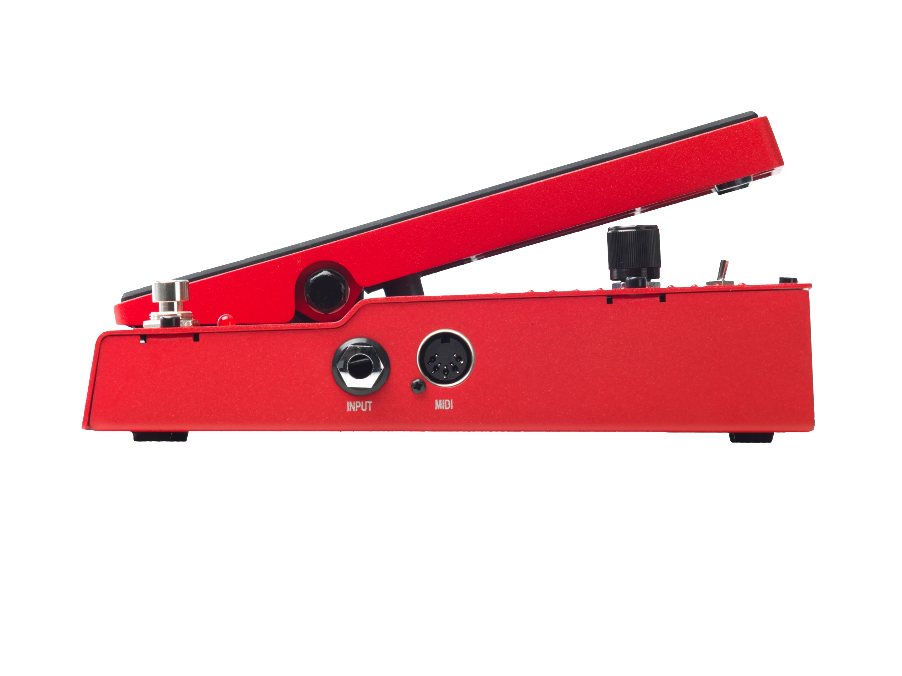 The 0.25-inch input jack and 5-pin MIDI port on the right side of the Whammy V