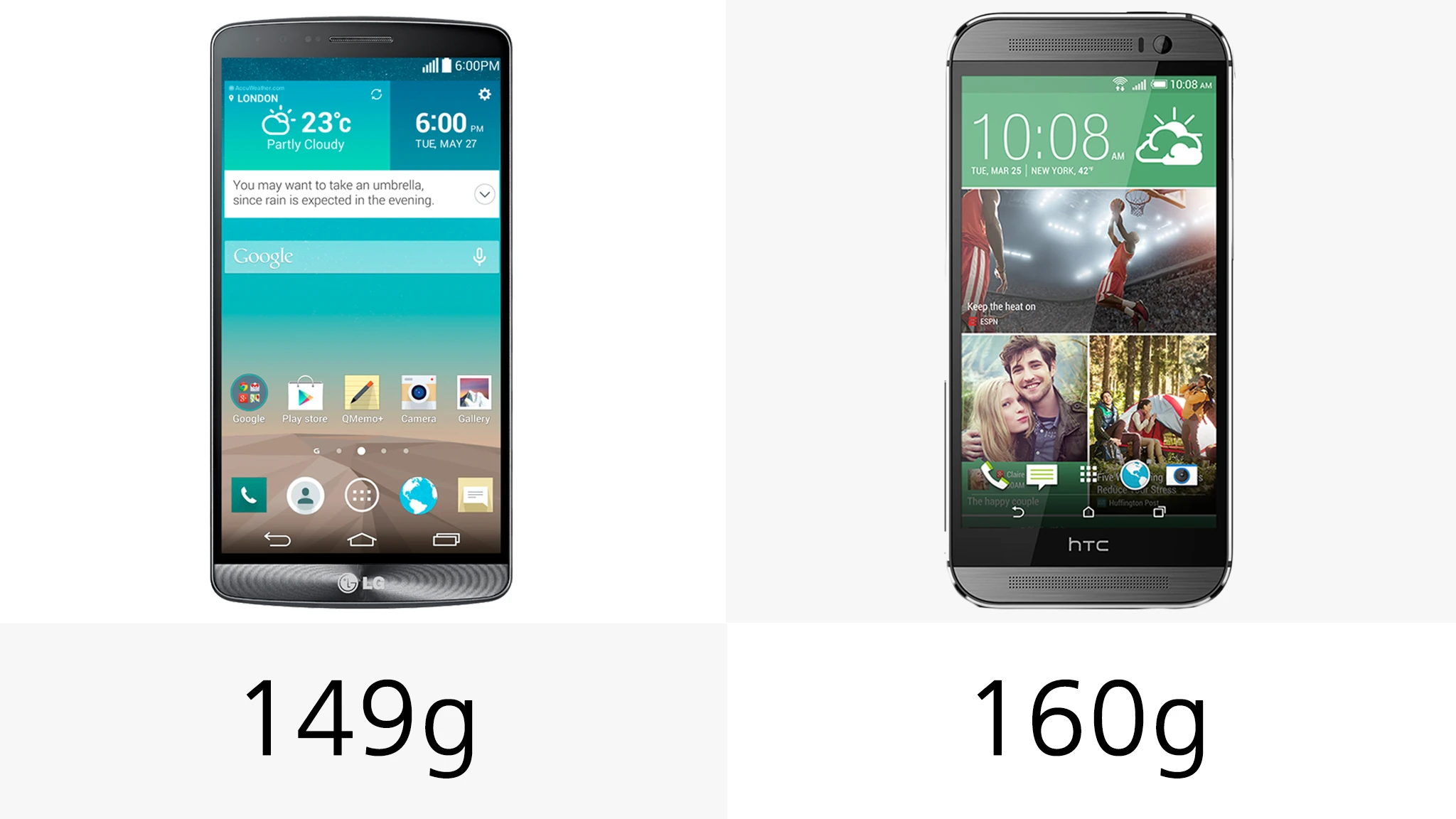 The LG G3 is the lighter of the two handsets