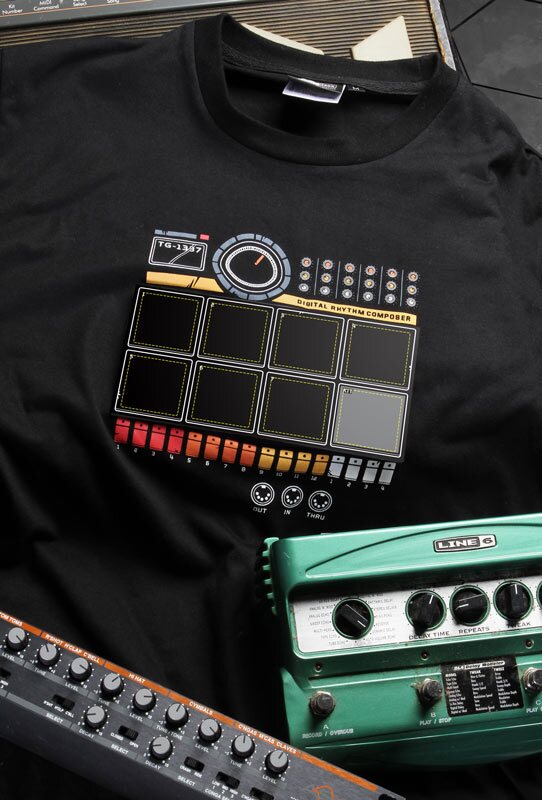 The shirt has nine different drum kits built-in, including Rock drums, Techno Punk drums, Classic Jazz drums, and Scratchy drums