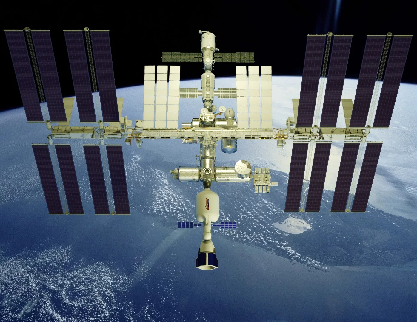 Concept image of Bigelow Aerospace's XBASE docked to the International Space Station