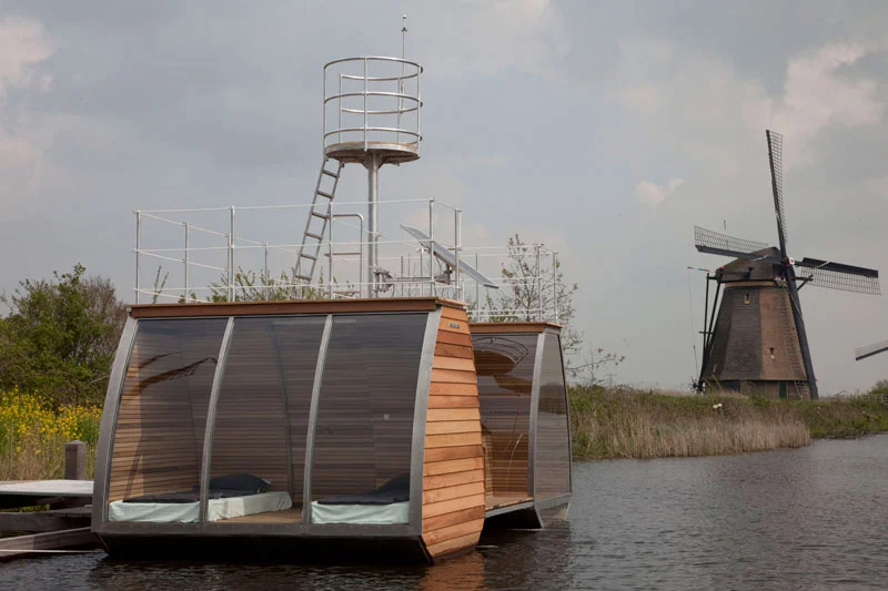 This tiny cabin is a free-floating catamaran suite designed by Dutch architect, Marijn Beije