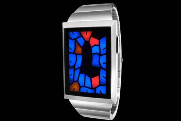 Tokyoflash Broke watch with stained-glass window-like display - pictured watch's time is 1:24