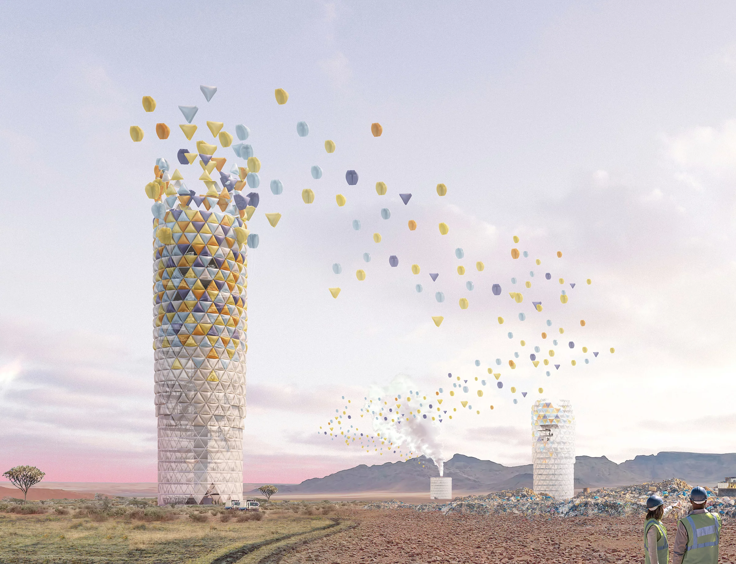 Elevated Plastic Skyscraper was designed by Anissa Le Scornet and Andrea Battistoni from the United States. The proposal envisions using recycled plastic to create skyscrapers that would host affordable housing throughout Africa