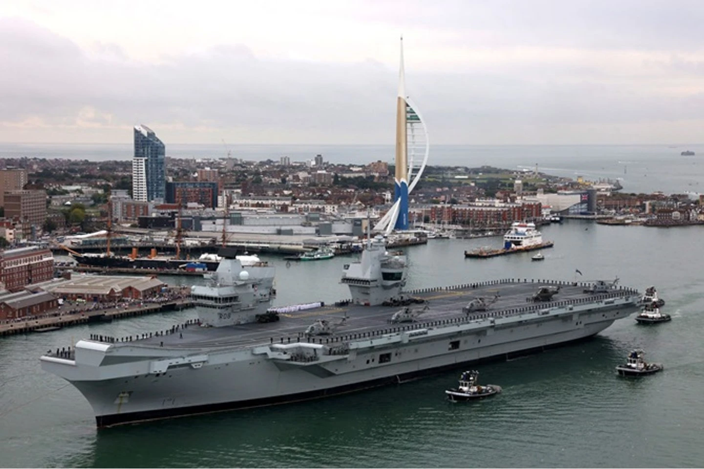 HMS Queen Elizabeth entering her home port of Portsmouth