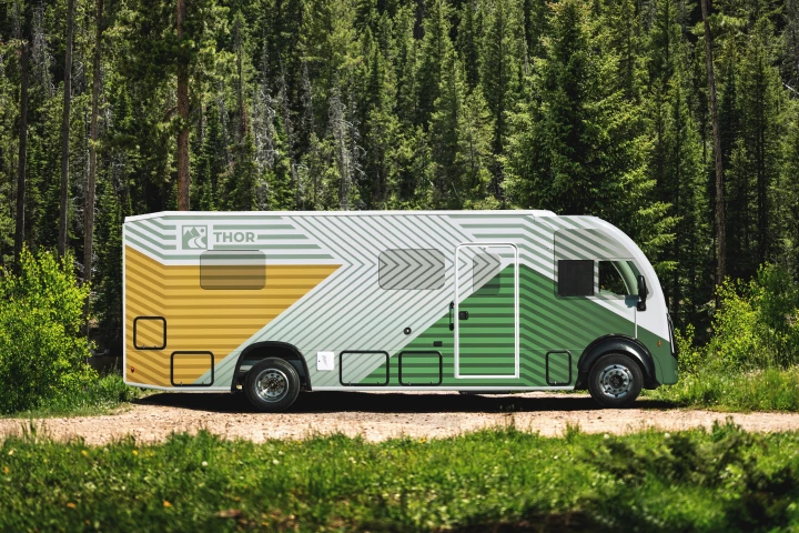 This colorful 500-mile PHEV Class A motorhome debuted as a prototype and test bed in 2024, at which time Thor announced plans to slide the hybridized chassis under production motorhomes in 2025