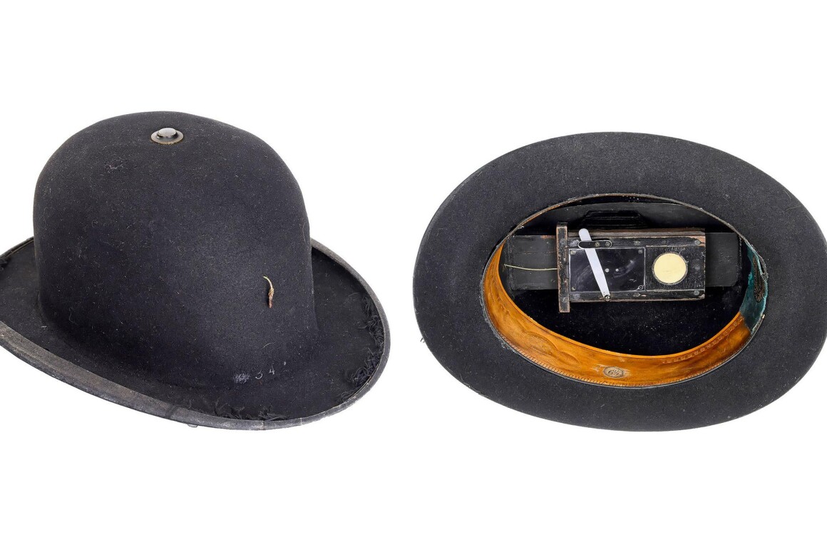 Detective hat camera, c. 1880 - 1890, is a standard bowler with built-in fixed-plate, fixed-focus camera – estimate €12,000 - €18,000