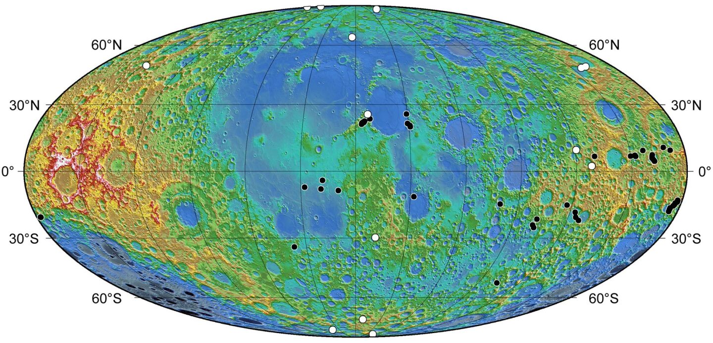The distribution of lobate scarp features located thus far (Image: NASA/Goddard/Arizona State University/Smithsonian)