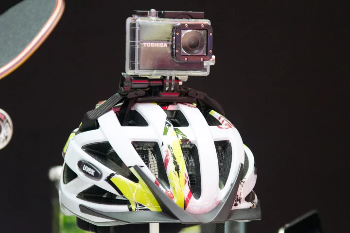 Toshiba's new Camileo X-Sports actioncam, with its included helmet mount