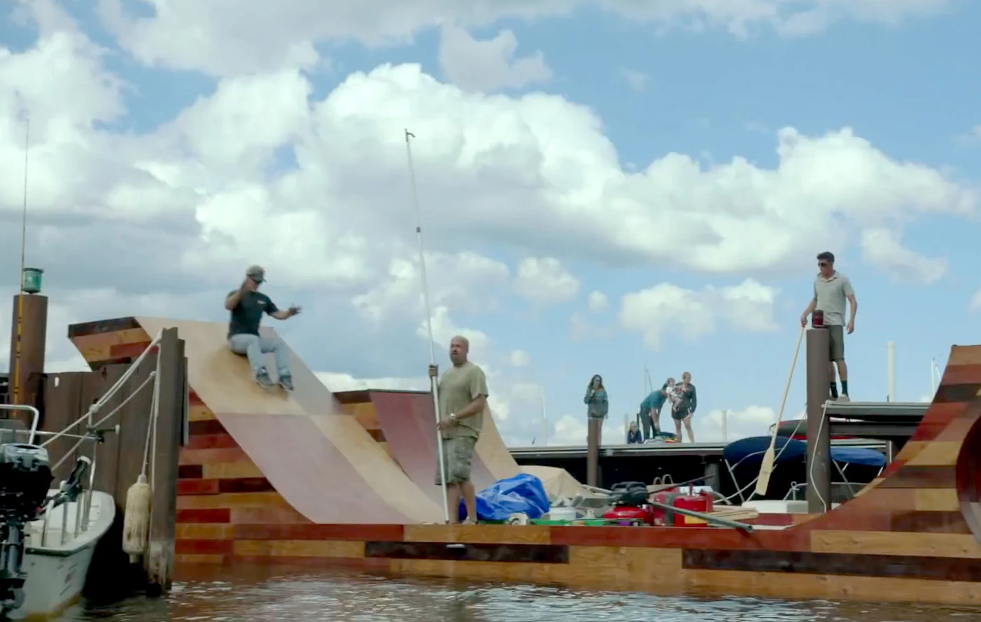 The creation features an 8 ft (2.4 m) tall wooden bank ramp accompanied by a smaller 5 ft (1.5 m) secondary ramp