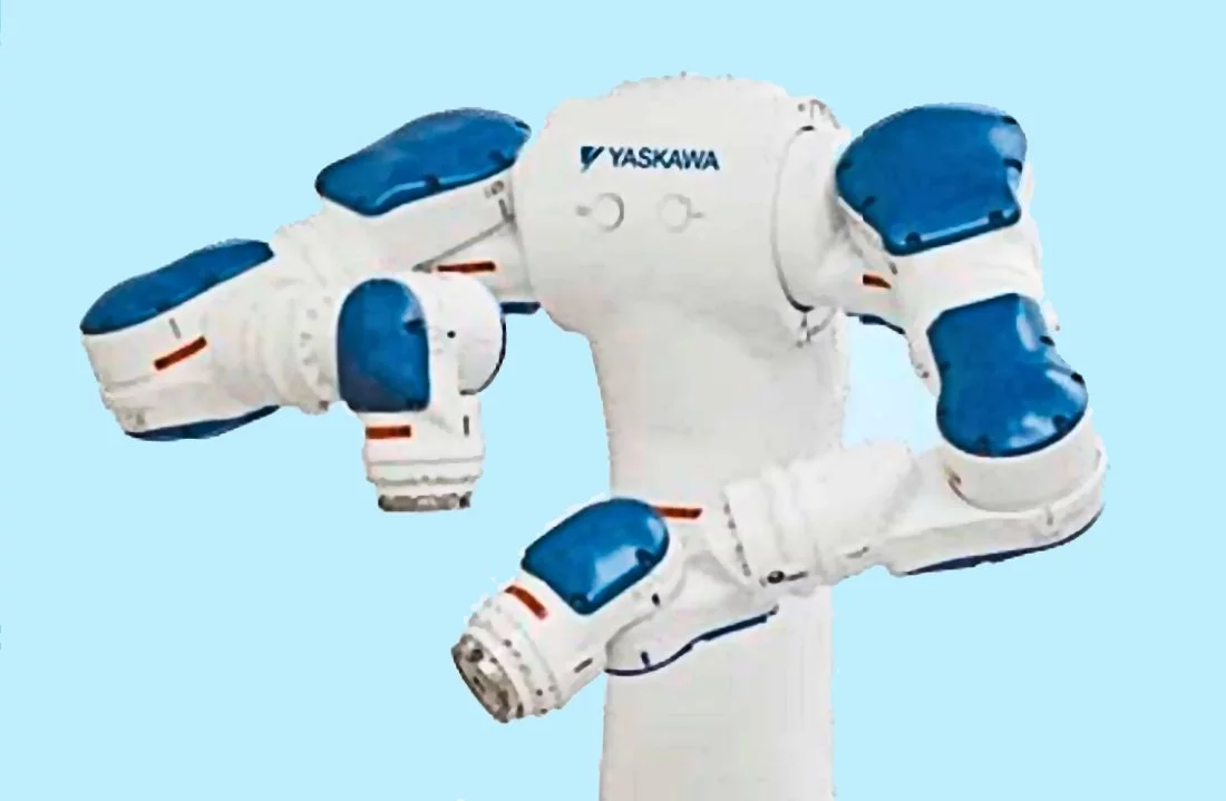 The Yaskawa Motoman SDA 10F manufacturing robot, being posed without manipulating hands.