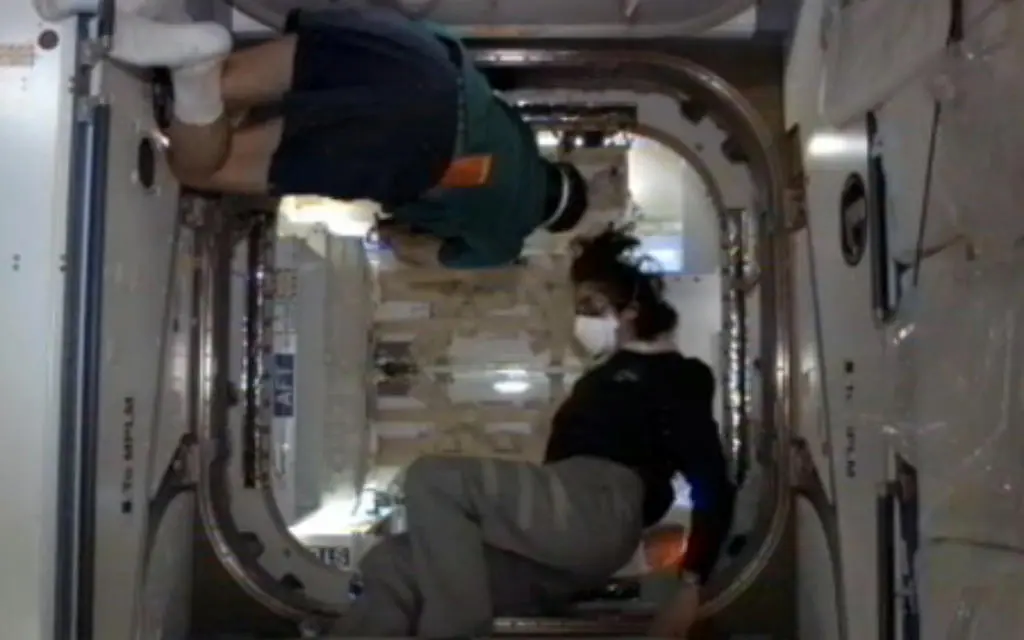 The ISS crew looking inside the Dragon capsule (Photo: NASA)