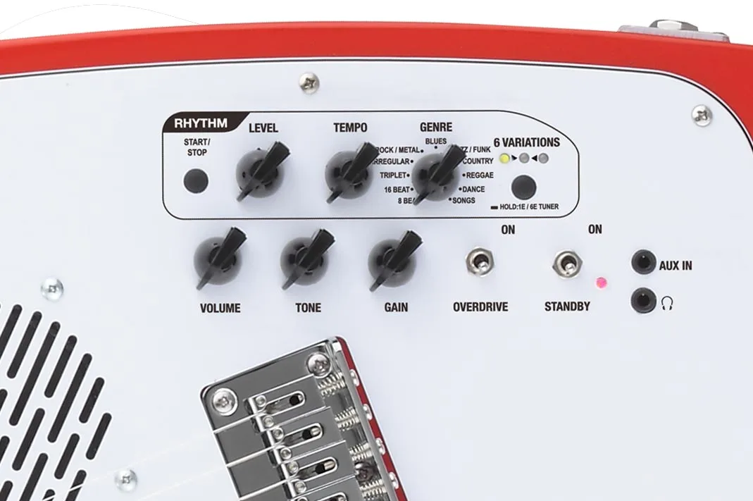 Chicken-head control knobs dial in volume and tone, as well as onboard effects and rhythm patterns