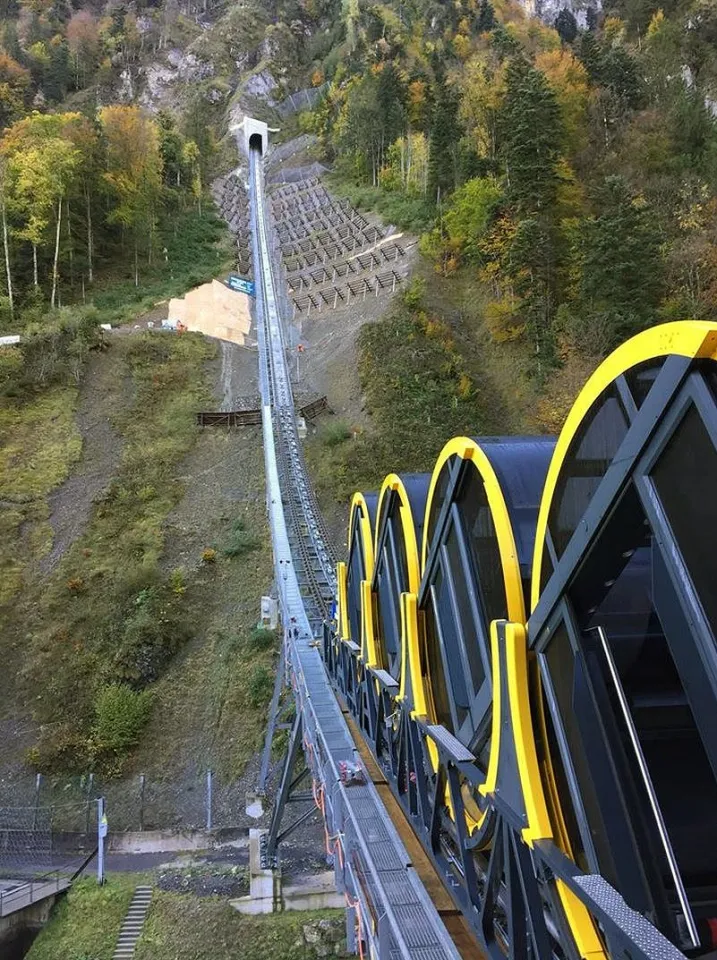 Each of the Stoosbahn's two carriages can carry 136 passengers and is made up of four circular pods