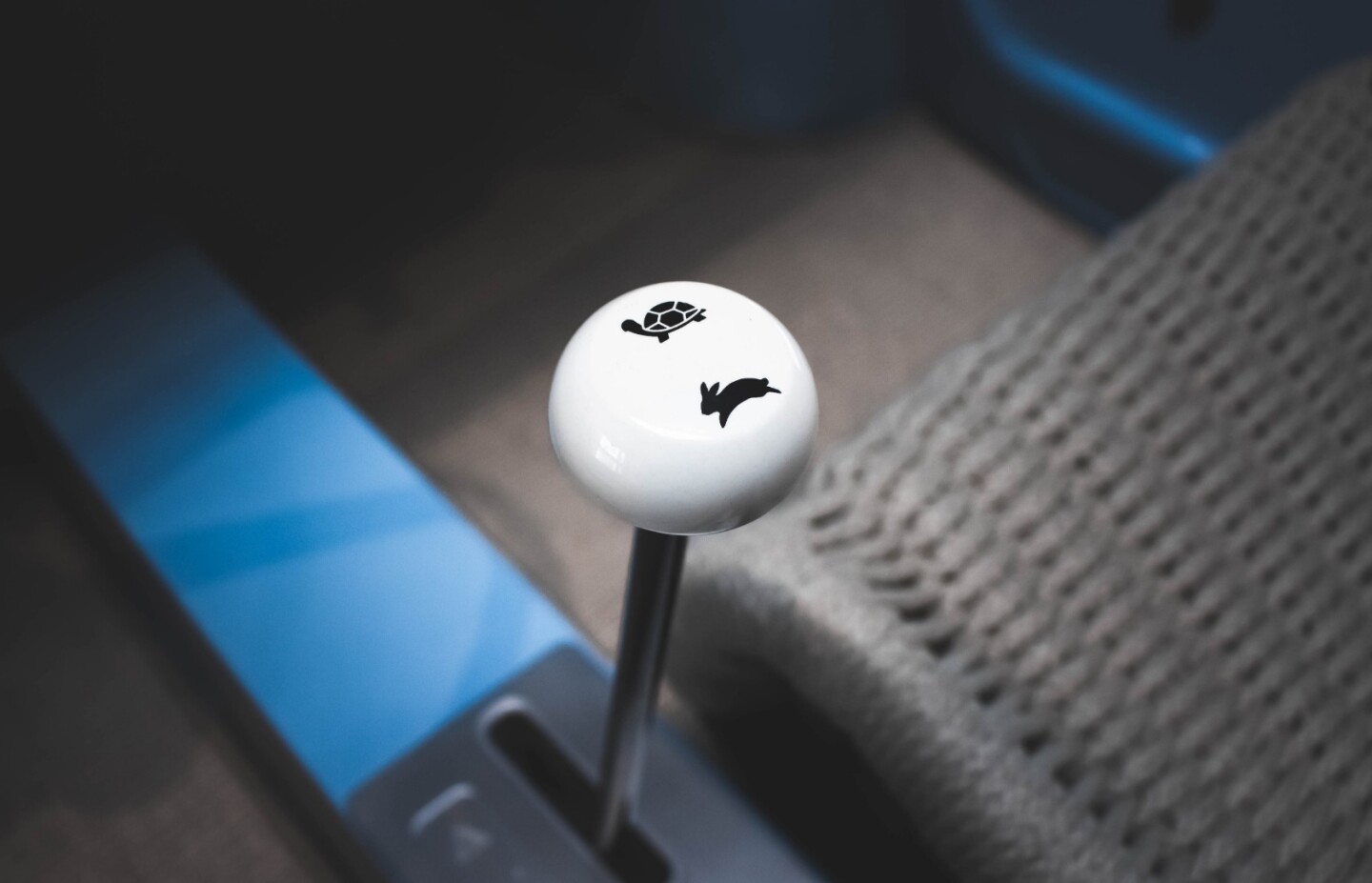 The transformation includes this shifter knob with the hare and tortoise to represent the two speed settings
