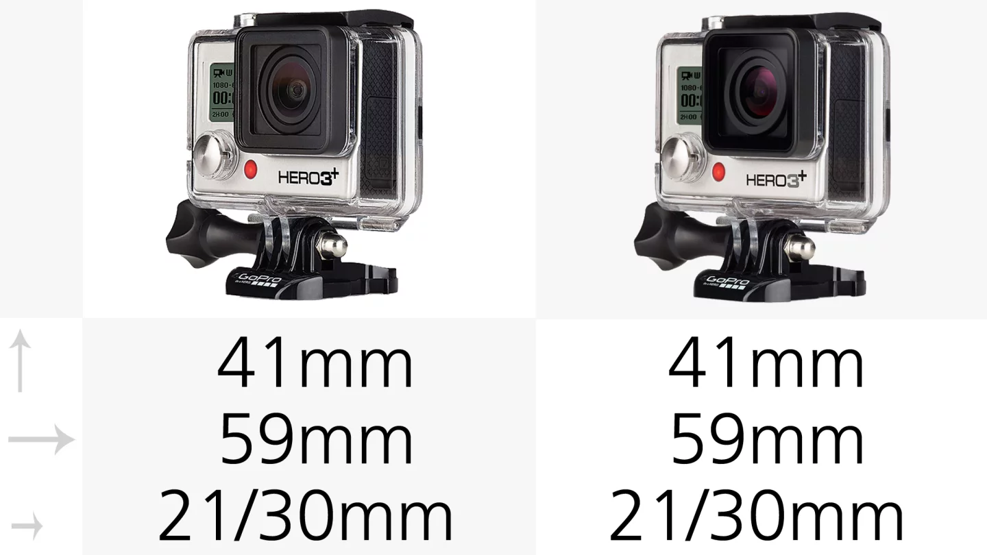 The GoPro Hero3+ and Hero4 cameras all come with the full standard housing (pictured) which is waterproof to 40 m (131 ft)