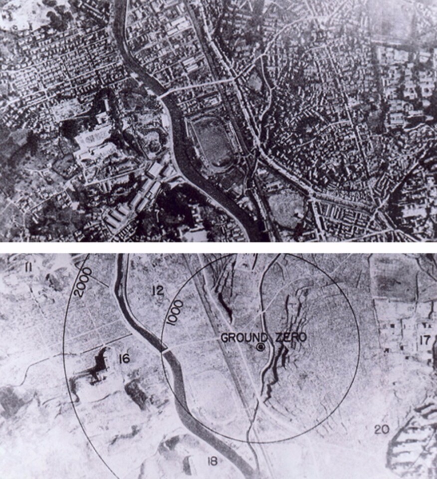 Before and after images of the Hiroshima bombing